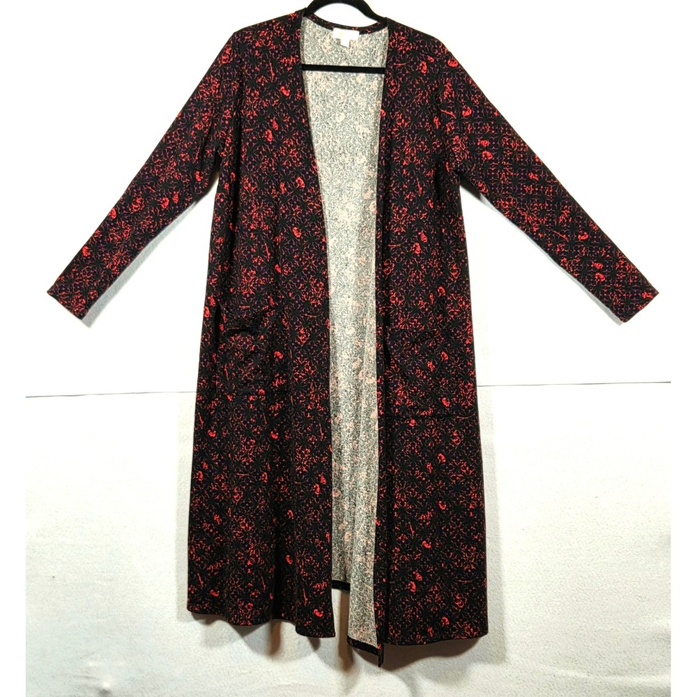 LuLaRoe Sarah Long Duster Cardigan L Black Red Floral Boho Open Front Pockets